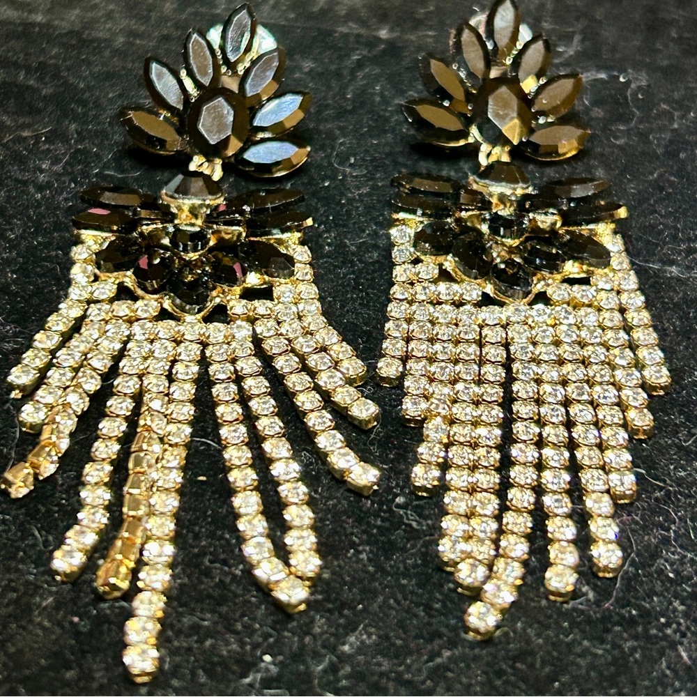 Vintage Gold and Black Crystal, Drop Statement Earrings